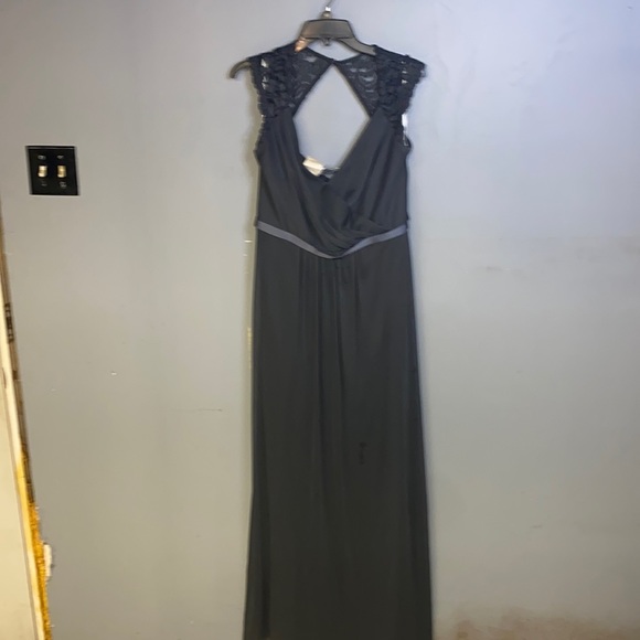 David’s Bridal Long Mesh Dress with Lace Cap Sleeves- Graphite color - Picture 1 of 6